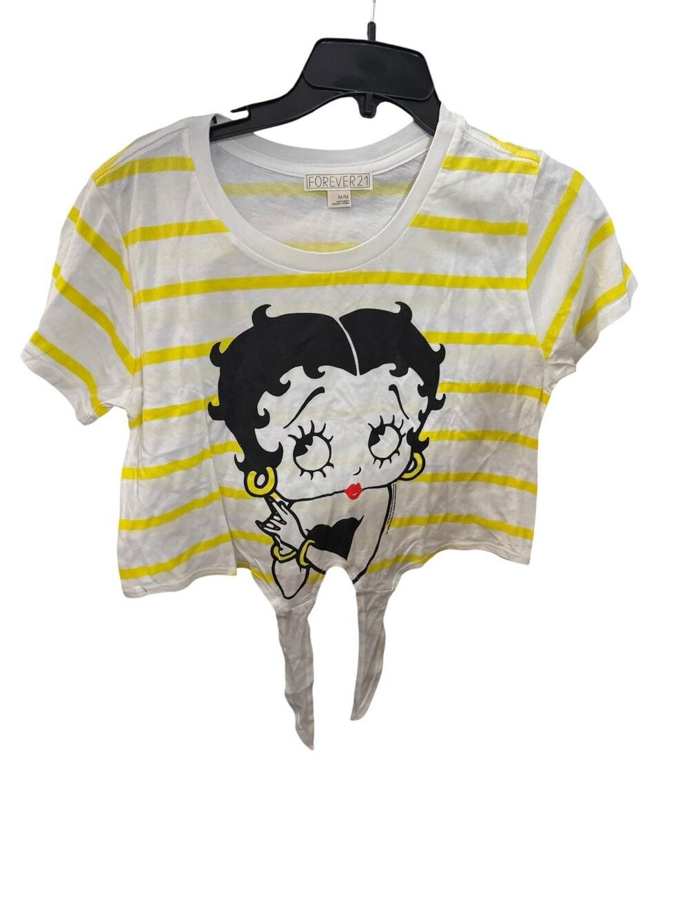 Forever 21 Betty Boop Yellow White Striped Crop Top Medium